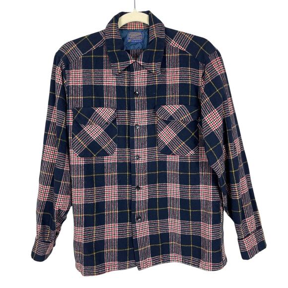 Vintage Pendleton 70s Wool Plaid Board Shirt Loop Collar Red Blue Size Large - Picture 1 of 13